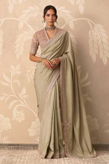 Buy_Ridhi Mehra_Green Silk, Net, Tissue V-neck Ziya Placement Embroidered Saree With Blouse _at_Aza_Fashions