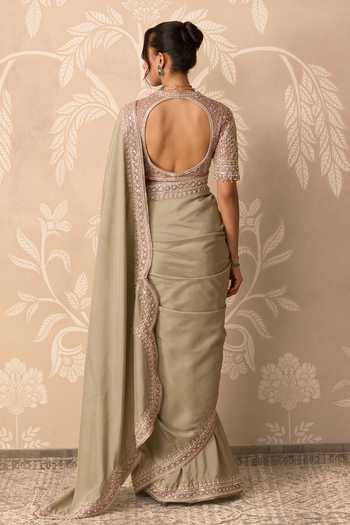 Shop_Ridhi Mehra_Green Silk, Net, Tissue V-neck Ziya Placement Embroidered Saree With Blouse _at_Aza_Fashions