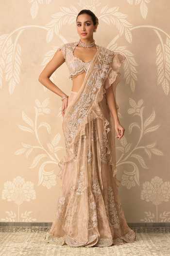 Ridhi Mehra_Gold Tissue, Net Naazneen Pre-draped Skirt Saree With Embroidered Blouse _Online_at_Aza_Fashions