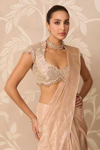 Ridhi Mehra_Gold Tissue, Net Hayaa Pre-stitched Skirt Saree With Embroidered Blouse _Online_at_Aza_Fashions