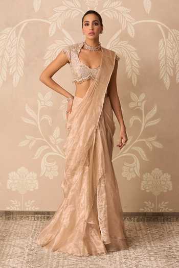 Buy_Ridhi Mehra_Gold Tissue, Net Hayaa Pre-stitched Skirt Saree With Embroidered Blouse _at_Aza_Fashions