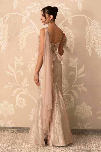 Shop_Ridhi Mehra_Beige Tissue, Net Kainaat Pre-draped Skirt Saree With Embroidered Blouse _at_Aza_Fashions