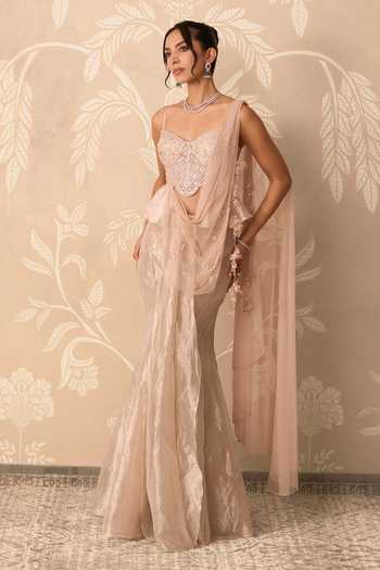 Buy_Ridhi Mehra_Beige Tissue, Net Kainaat Pre-draped Skirt Saree With Embroidered Blouse _Online_at_Aza_Fashions