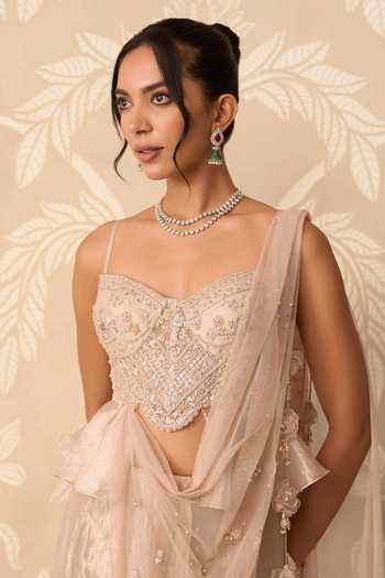 Shop_Ridhi Mehra_Beige Tissue, Net Kainaat Pre-draped Skirt Saree With Embroidered Blouse _Online_at_Aza_Fashions