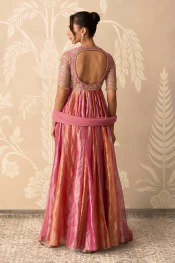 Shop_Ridhi Mehra_Orange Tissue, Net Keyhole Neck Ranjhna Embroidered Anarkali With Dupatta _at_Aza_Fashions