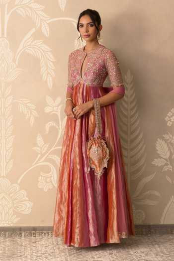 Ridhi Mehra_Orange Tissue, Net Keyhole Neck Ranjhna Embroidered Anarkali With Dupatta _Online_at_Aza_Fashions