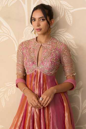 Buy_Ridhi Mehra_Orange Tissue, Net Keyhole Neck Ranjhna Embroidered Anarkali With Dupatta _Online_at_Aza_Fashions