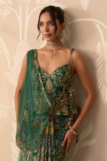Ridhi Mehra_Green Organza, Net, Chiffon Mehreen Printed Pre-draped Saree With Blouse _Online_at_Aza_Fashions