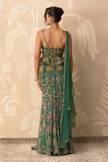 Shop_Ridhi Mehra_Green Organza, Net, Chiffon Mehreen Printed Pre-draped Saree With Blouse _at_Aza_Fashions