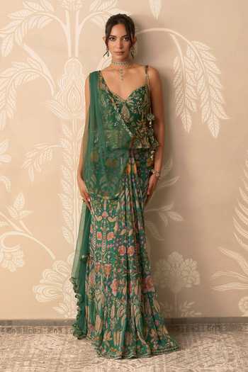 Buy_Ridhi Mehra_Green Organza, Net, Chiffon Mehreen Printed Pre-draped Saree With Blouse _at_Aza_Fashions