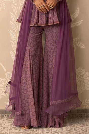 Ridhi Mehra_Purple Chiffon, Net Round Neck Izhaar Embroidered Peplum Kurta Gharara Set _Online_at_Aza_Fashions