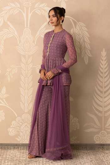 Buy_Ridhi Mehra_Purple Chiffon, Net Round Neck Izhaar Embroidered Peplum Kurta Gharara Set _Online_at_Aza_Fashions
