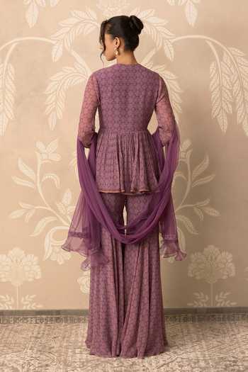 Shop_Ridhi Mehra_Purple Chiffon, Net Round Neck Izhaar Embroidered Peplum Kurta Gharara Set _at_Aza_Fashions