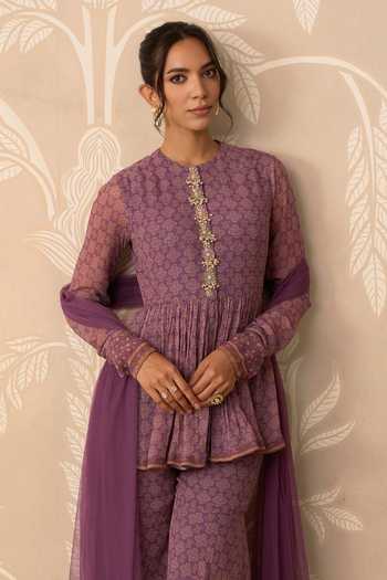 Shop_Ridhi Mehra_Purple Chiffon, Net Round Neck Izhaar Embroidered Peplum Kurta Gharara Set _Online_at_Aza_Fashions