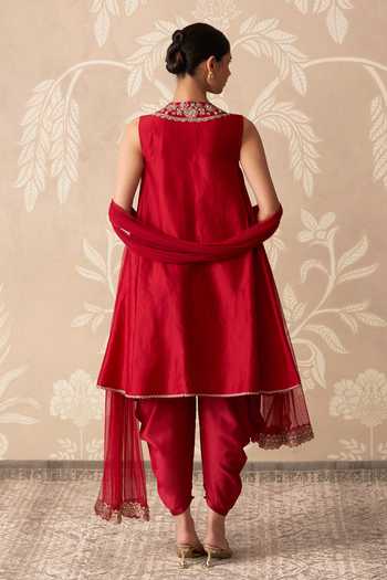 Shop_Ridhi Mehra_Red Chanderi, Net Round Neck, Yes Ishq Embroidered Kurta Salwar Set _at_Aza_Fashions