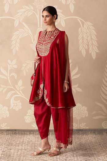 Shop_Ridhi Mehra_Red Chanderi, Net Round Neck, Yes Ishq Embroidered Kurta Salwar Set _Online_at_Aza_Fashions