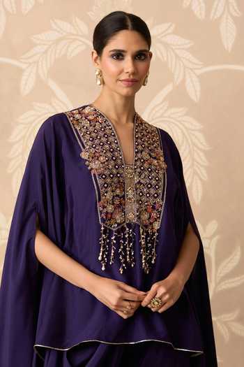 Ridhi Mehra_Purple Silk Split V-neck Zia Embroidered Cape And Salwar Set _Online_at_Aza_Fashions