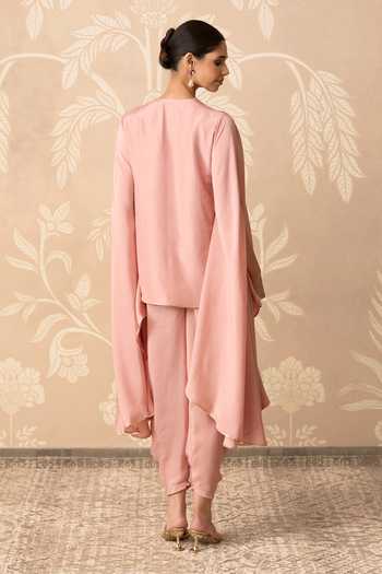 Shop_Ridhi Mehra_Pink Silk V-neck Mehraab Embroidered Cape And Salwar Set _at_Aza_Fashions