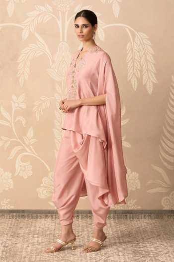 Ridhi Mehra_Pink Silk V-neck Mehraab Embroidered Cape And Salwar Set _Online_at_Aza_Fashions