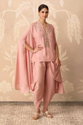 Buy_Ridhi Mehra_Pink Silk V-neck Mehraab Embroidered Cape And Salwar Set _at_Aza_Fashions