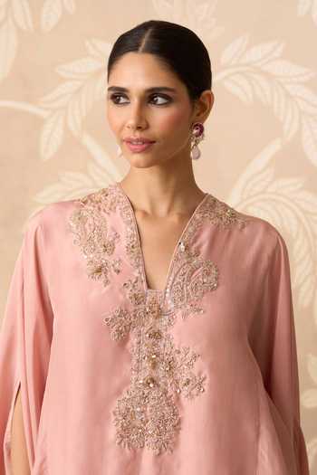 Shop_Ridhi Mehra_Pink Silk V-neck Mehraab Embroidered Cape And Salwar Set _Online_at_Aza_Fashions