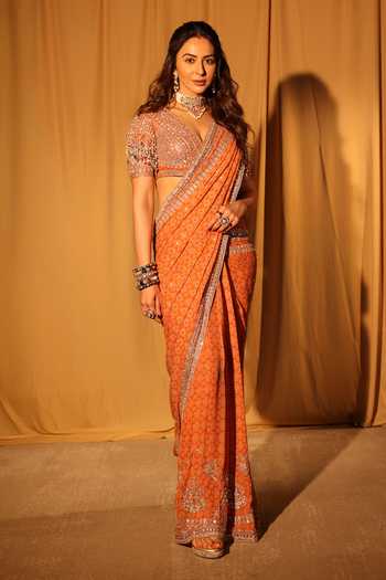 Buy_Ridhi Mehra_Orange Georgette V-neck Floral Print Saree With Blouse _at_Aza_Fashions
