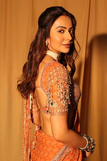 Shop_Ridhi Mehra_Orange Georgette V-neck Floral Print Saree With Blouse _at_Aza_Fashions