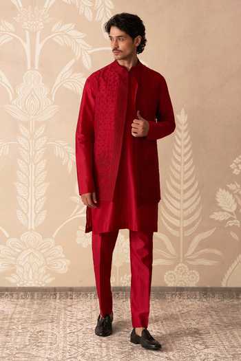 Buy_Ridhi Mehra_Red Organza, Chanderi Embroidery Ruh Thread Work Bundi And Kurta Set _at_Aza_Fashions