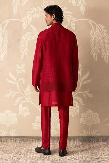 Shop_Ridhi Mehra_Red Organza, Chanderi Embroidery Ruh Thread Work Bundi And Kurta Set _at_Aza_Fashions