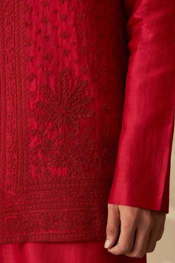 Buy_Ridhi Mehra_Red Organza, Chanderi Embroidery Ruh Thread Work Bundi And Kurta Set _Online_at_Aza_Fashions