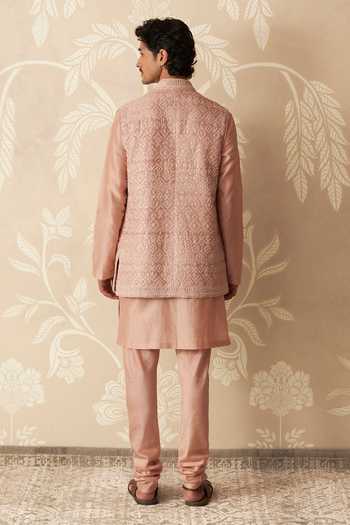 Shop_Ridhi Mehra_Pink Organza, Chanderi Embroidery, Sequins Ambar Bundi Set _at_Aza_Fashions