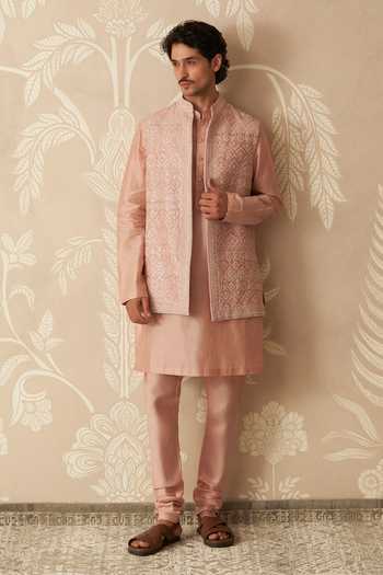 Buy_Ridhi Mehra_Pink Organza, Chanderi Embroidery, Sequins Ambar Bundi Set _at_Aza_Fashions