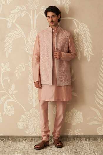 Ridhi Mehra_Pink Organza, Chanderi Embroidery, Sequins Ambar Bundi Set _Online_at_Aza_Fashions