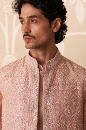 Shop_Ridhi Mehra_Pink Organza, Chanderi Embroidery, Sequins Ambar Bundi Set _Online_at_Aza_Fashions