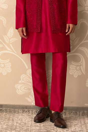Ridhi Mehra_Red Organza, Chanderi Embroidery Jazbaat Bundi And Kurta Set _Online_at_Aza_Fashions