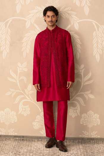 Buy_Ridhi Mehra_Red Organza, Chanderi Embroidery Jazbaat Bundi And Kurta Set _Online_at_Aza_Fashions
