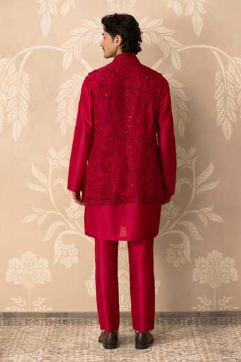Shop_Ridhi Mehra_Red Organza, Chanderi Embroidery Jazbaat Bundi And Kurta Set _at_Aza_Fashions