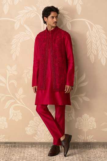 Buy_Ridhi Mehra_Red Organza, Chanderi Embroidery Jazbaat Bundi And Kurta Set _at_Aza_Fashions