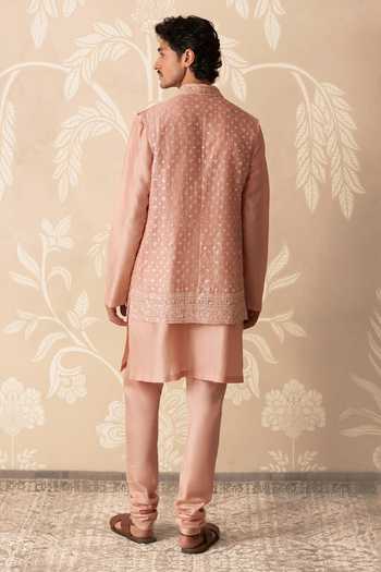 Shop_Ridhi Mehra_Pink Silk, Chanderi Embroidery, Sequins Nayyar Bundi And Kurta Set _at_Aza_Fashions