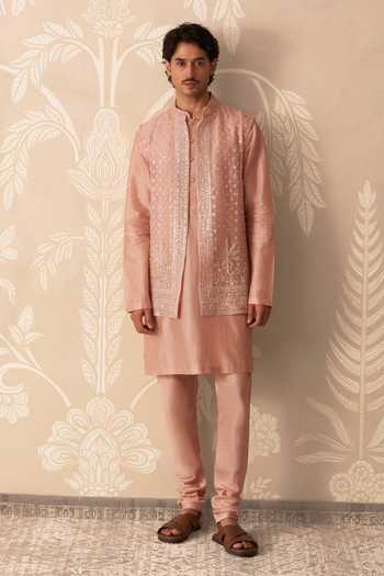 Buy_Ridhi Mehra_Pink Silk, Chanderi Embroidery, Sequins Nayyar Bundi And Kurta Set _at_Aza_Fashions
