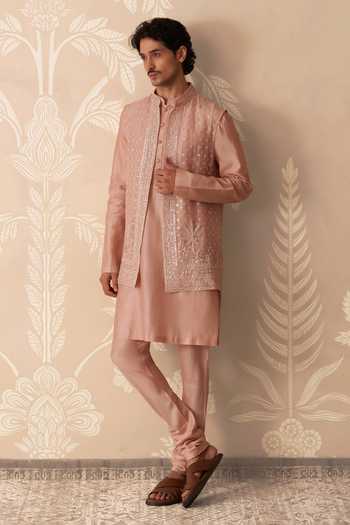 Ridhi Mehra_Pink Silk, Chanderi Embroidery, Sequins Nayyar Bundi And Kurta Set _Online_at_Aza_Fashions