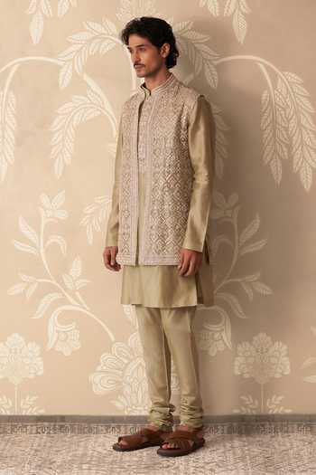 Buy_Ridhi Mehra_Green Tissue, Chanderi Embroidery, Sequins Riyasat Bundi And Kurta Set _Online_at_Aza_Fashions
