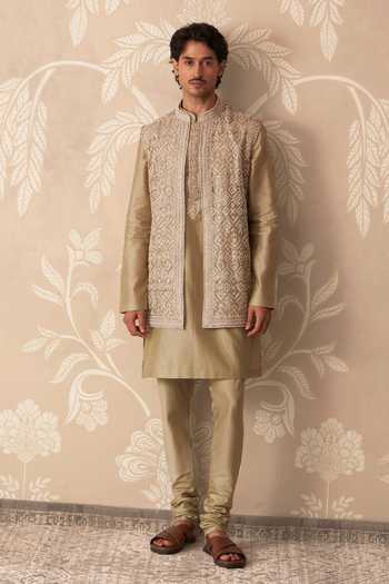 Buy_Ridhi Mehra_Green Tissue, Chanderi Embroidery, Sequins Riyasat Bundi And Kurta Set _at_Aza_Fashions