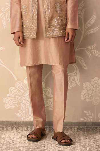 Ridhi Mehra_Gold Tissue, Chanderi Embroidery Zaroon Bundi And Kurta Set _Online_at_Aza_Fashions