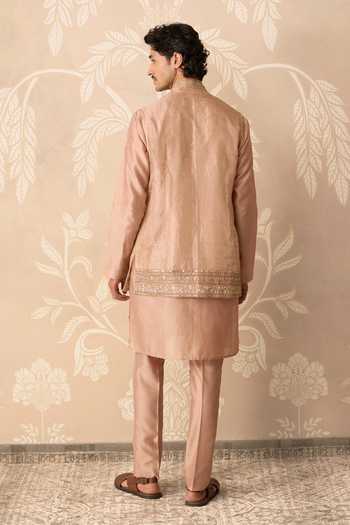 Shop_Ridhi Mehra_Gold Tissue, Chanderi Embroidery Zaroon Bundi And Kurta Set _at_Aza_Fashions