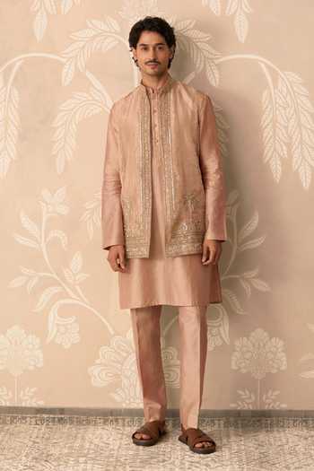 Buy_Ridhi Mehra_Gold Tissue, Chanderi Embroidery Zaroon Bundi And Kurta Set _at_Aza_Fashions