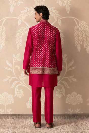 Shop_Ridhi Mehra_Fuchsia Organza, Chanderi Zari, Stones Smaran Embroidered Bundi And Kurta Set _at_Aza_Fashions