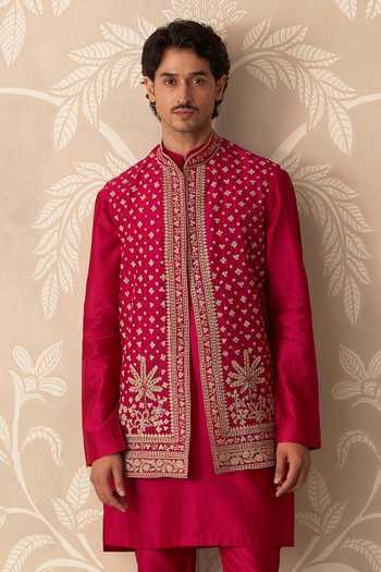 Buy_Ridhi Mehra_Fuchsia Organza, Chanderi Zari, Stones Smaran Embroidered Bundi And Kurta Set _Online_at_Aza_Fashions