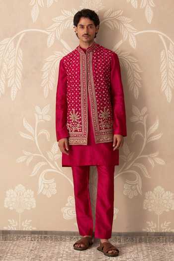 Buy_Ridhi Mehra_Fuchsia Organza, Chanderi Zari, Stones Smaran Embroidered Bundi And Kurta Set _at_Aza_Fashions
