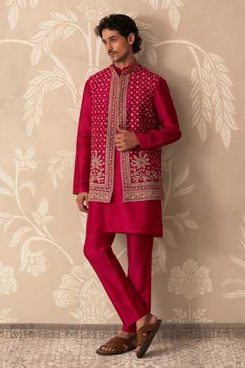 Ridhi Mehra_Fuchsia Organza, Chanderi Zari, Stones Smaran Embroidered Bundi And Kurta Set _at_Aza_Fashions